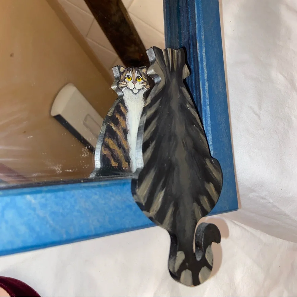 RARE Like new Vintage Hand-Painted Cat Reflection Mirror with wooden Frame